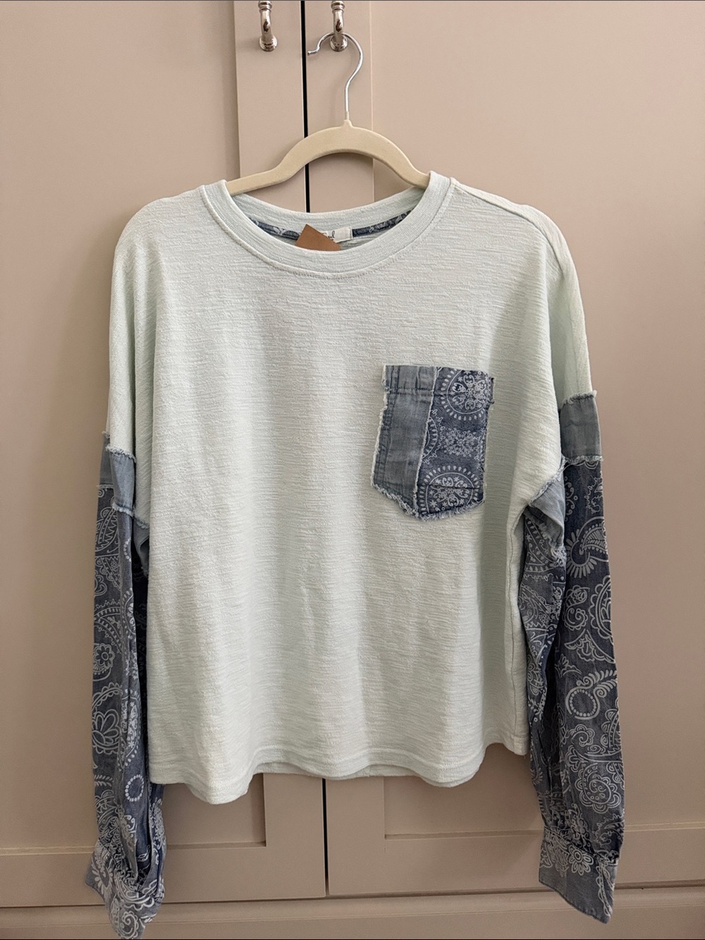 easel Light Mint Crewneck Sweater with Patterned Paisley Denim Print Sleeves